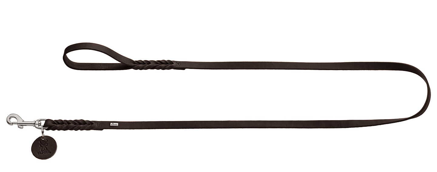 HUNTER Solid Education koppel, mörkbrunt läder, metallspänne, rund svart tagg - 11/200.