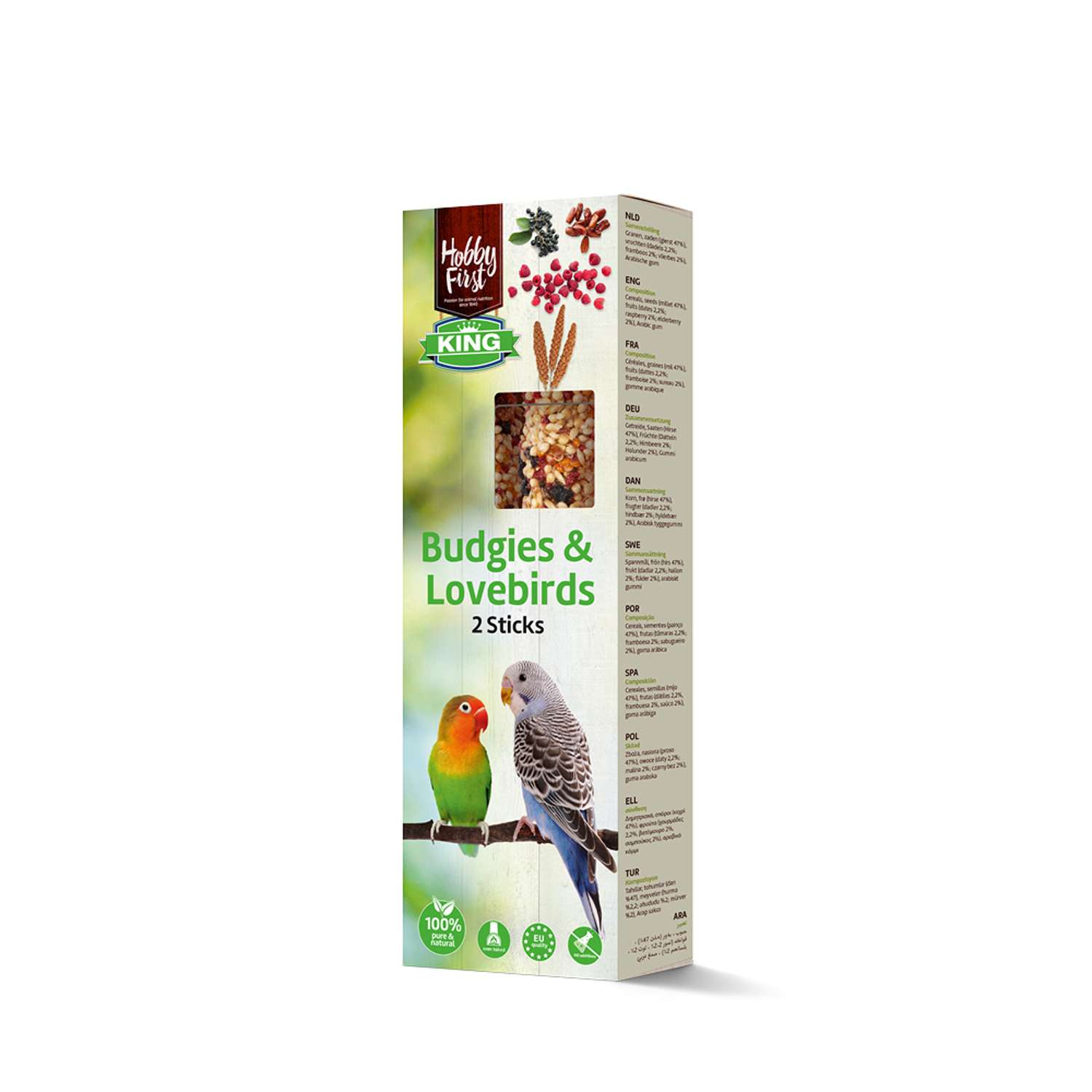 Sticks Budgies&Lovebirds - Fruit 2 st, 60g, ask med fågelbilder på förpackningen.