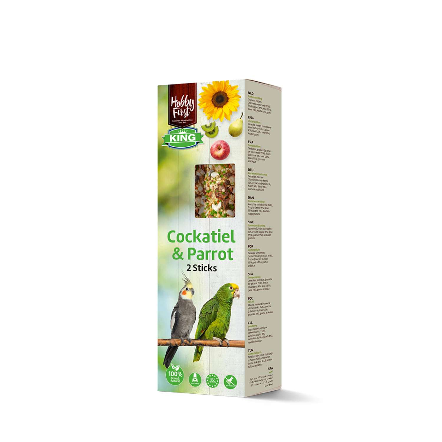 Box of Sticks L Cockatiels & Parrots - Fruit, 180g med bilder av två fåglar på framsidan.