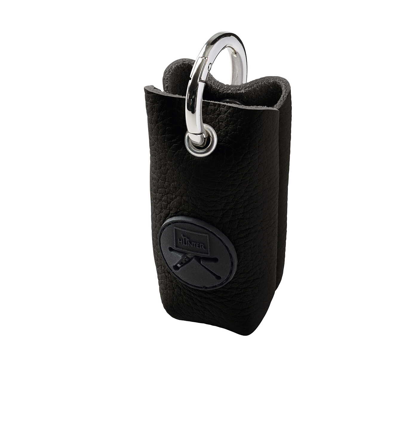 HUNTER Yuna hundpåsehållare svart: svart läder med metallklämma och präglad logga.
