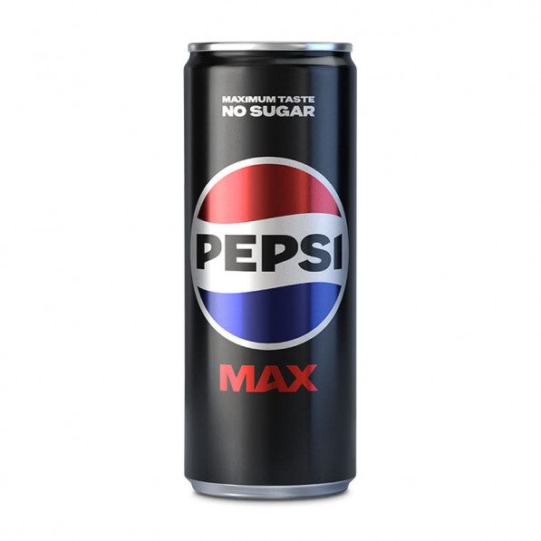 En hög svart burk Pepsi Max med logotyp och texten "Maximum Taste, No Sugar".