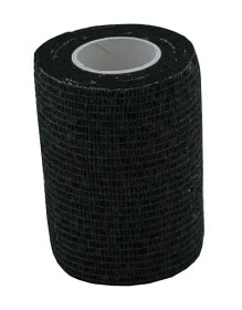 En rulle svart idrottstejp av märket Flexlinda svart som står upprätt.
