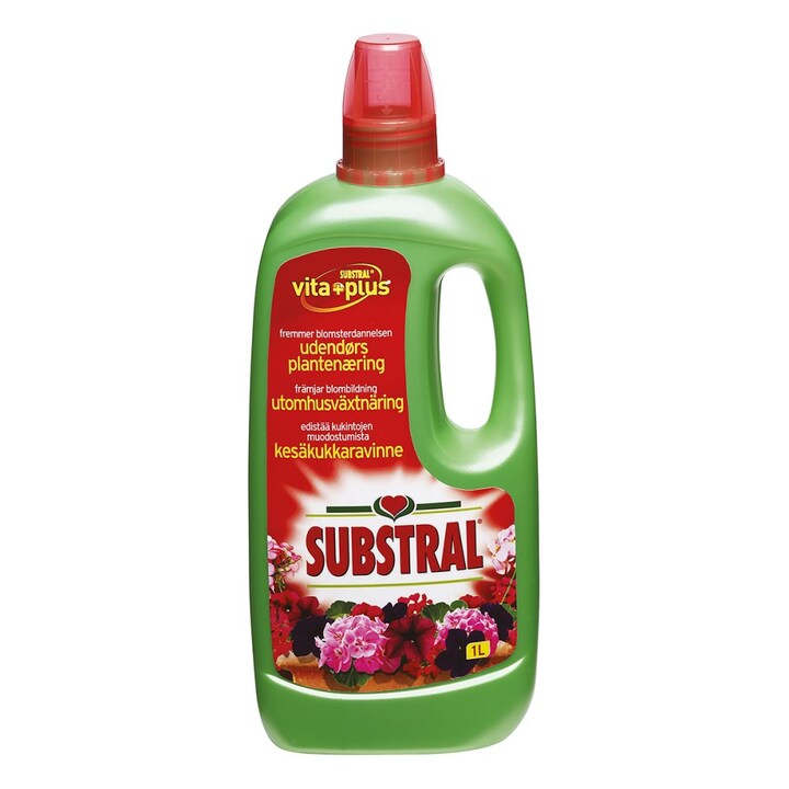 Grön 1L flaska Substral Utomhusväxtnäring med röd kapsyl och blommig etikett.