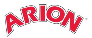 Röd, fet, bågformad text lyder ARION på en transparent bakgrund.