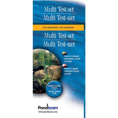 Multitest mätstickor box för vattenanalys, med bild av damm med stenar.