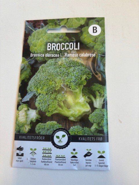 Förpackning med broccolifrön 'Ramoso calabrese'.
