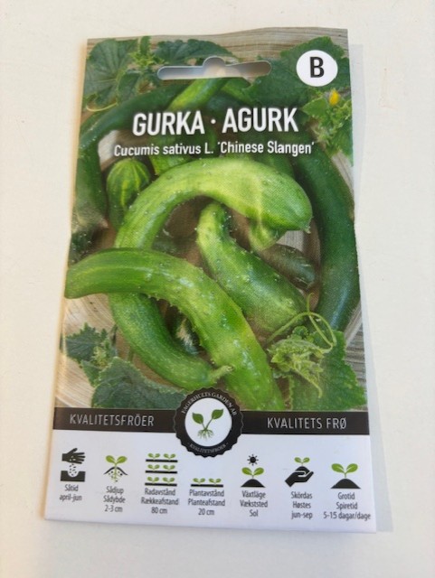 Gurka 'Chinese slangen' fröpåse med bilder av långa, böjda gröna gurkor.