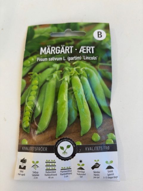 Märgärt 'lincoln' fröförpackning med bilder på ärtskidor och svensk/dansk text.