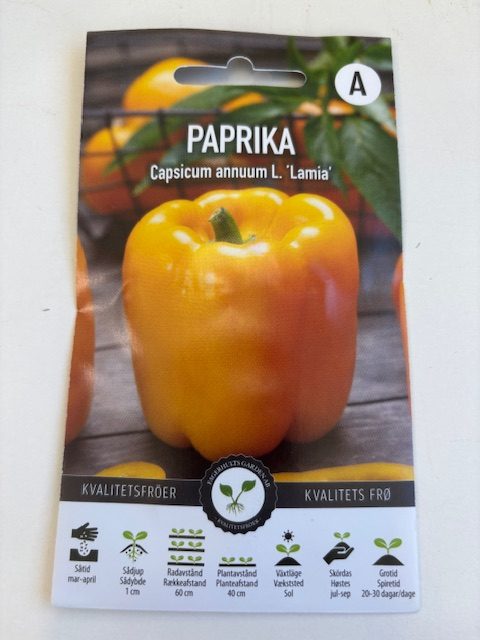Förpackning med Paprika 'Lamia'-frön med en stor gul paprika på framsidan.