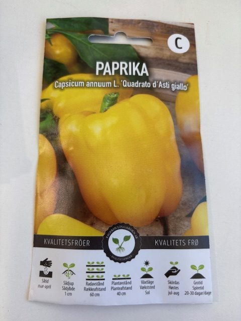 Förpackning med 'Quadrato d'Asti giallo' gula paprikafrön med ett foto av gul paprika på framsidan.