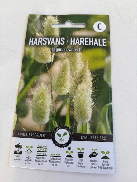 Harsvans Gräs fröförpackning med bilder på fluffigt gräs och planteringsanvisningar ingår.