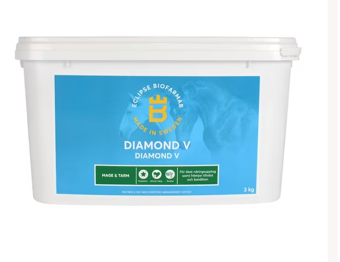 Vit tub märkt Diamond V djurtillskott med blått varumärke och hästbild.