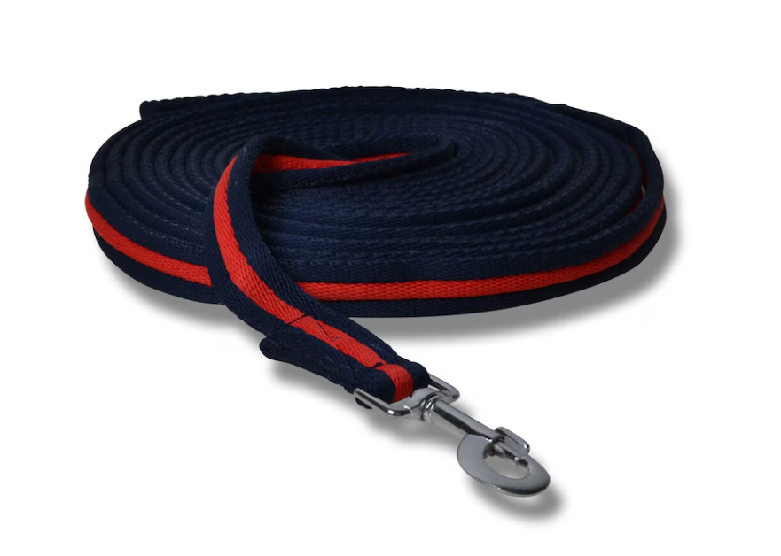 Longerlina marin/röd 8m: Inrullat marinblått hundkoppel med röd rand och metallspänne.