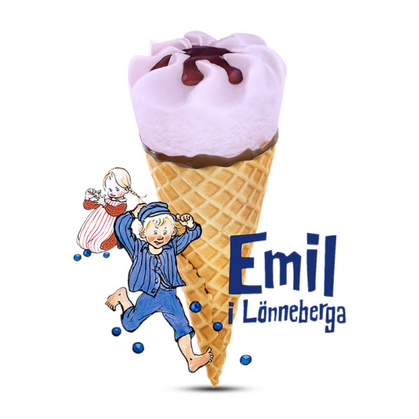 Glassstrut med tecknade barn, Emil-text och utspridda blåbär.