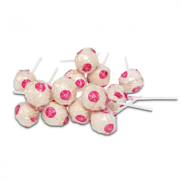 En hög med Maxi Dunderklubba klubbor med rosa etiketter och vita pinnar på en vit bakgrund.