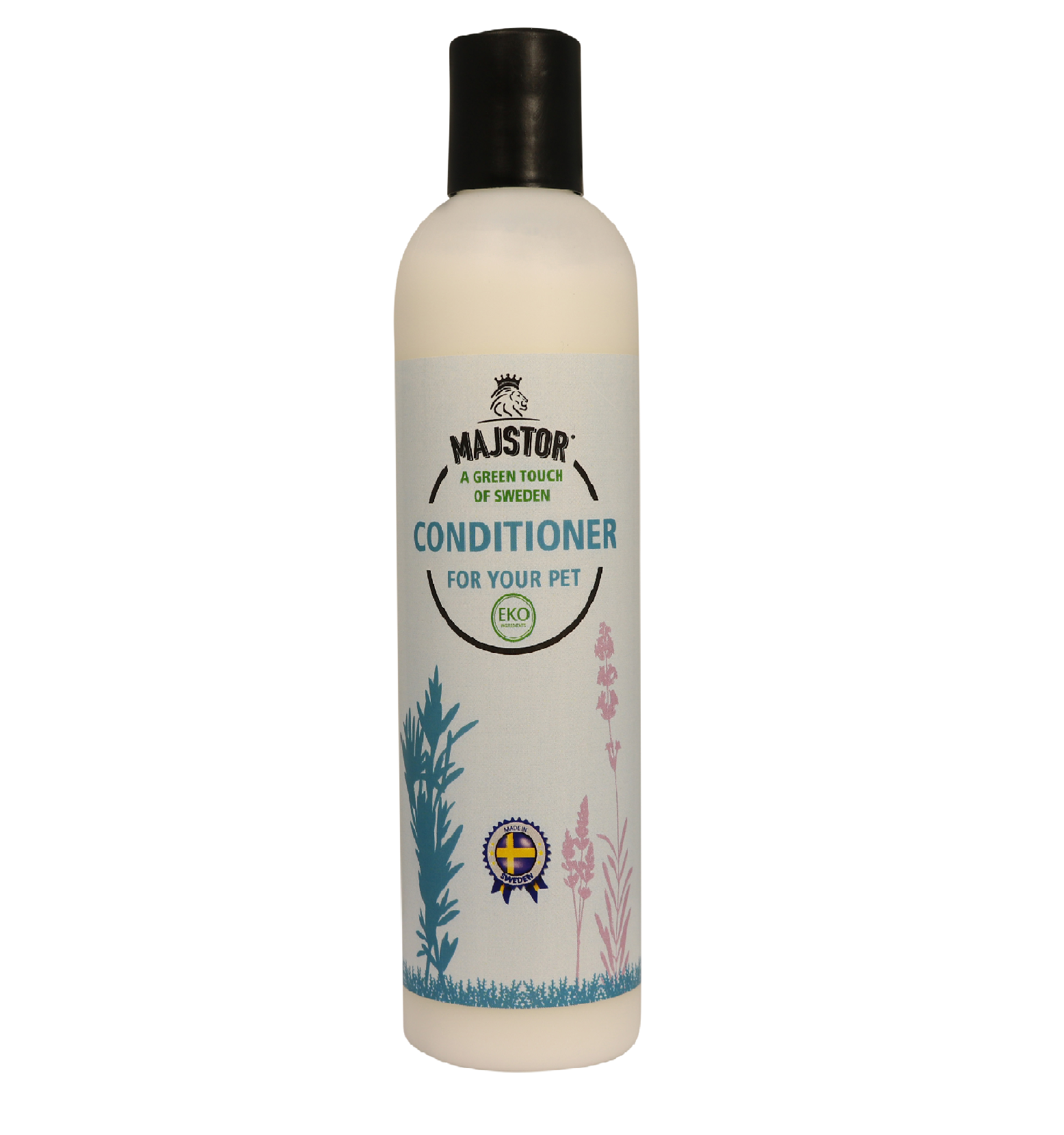 Vit flaska Majstor Eko Balsam, 290ml, med växtillustrationer på etiketten.