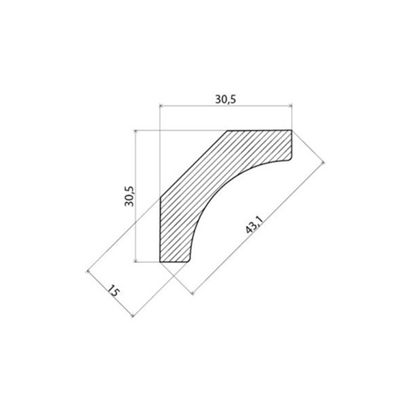 Teknisk ritning av ett rätvinkligt föremål med måtten 30,5, 43,1 och 15 enheter.