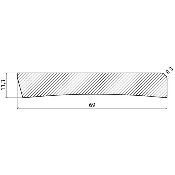 Teknisk ritning av ett böjt rektangulärt block, 69 enheter långt, 11,3 högt, med en kurva med 3 radier.