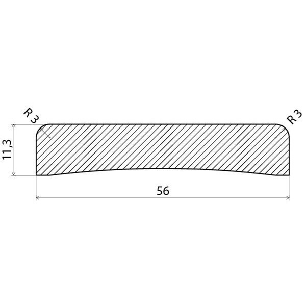 Teknisk ritning av ett avfasat block, 56 enheter brett, 11,3 enheter högt, hörnradie 3 enheter.
