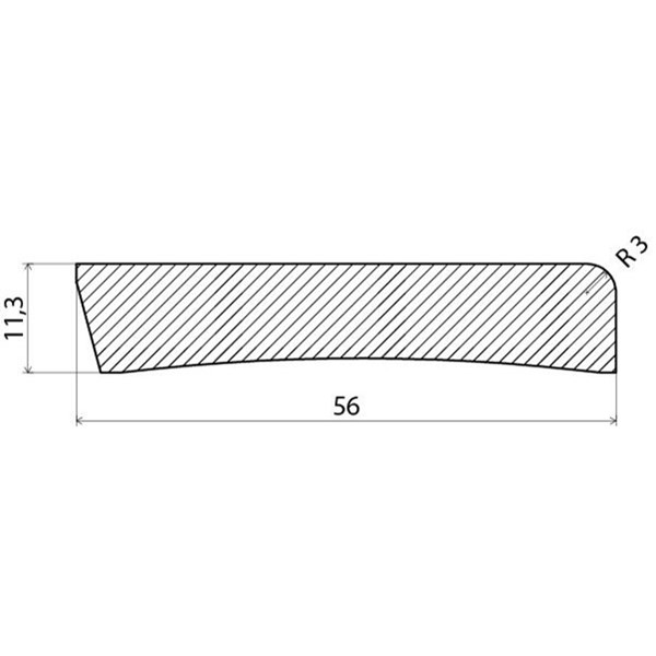 Tvärsnittsdiagram över ett avfasat objekt med märkta mått 113, 56 och radie 3.