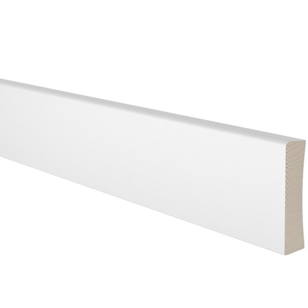 Vit fotlist av trä med en lätt rundad övre kant, vinklad mot en vit bakgrund.