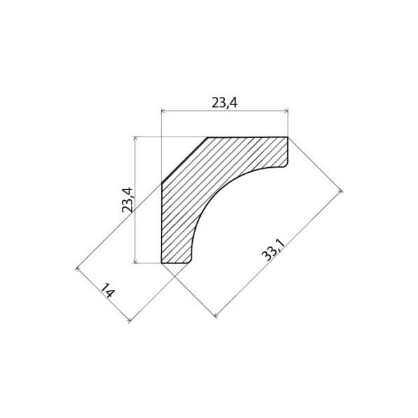 Teknisk ritning av ett tvärsnitt med mått: 23,4, 14 och 33,1 enheter.