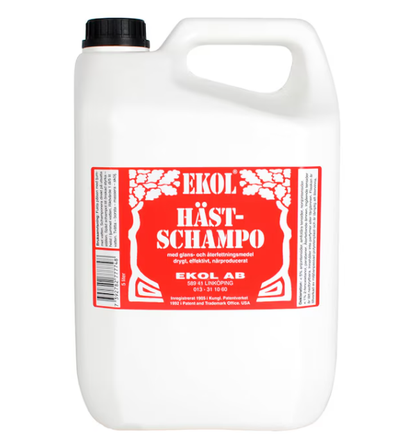 Ekol hästschampo 5l: vit plastbehållare med röd etikett och svart lock.