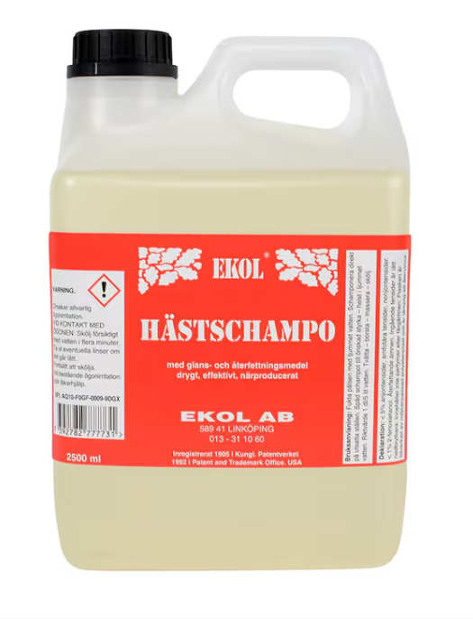 Ekol hästschampo 2,5l med röd och vit etikett.