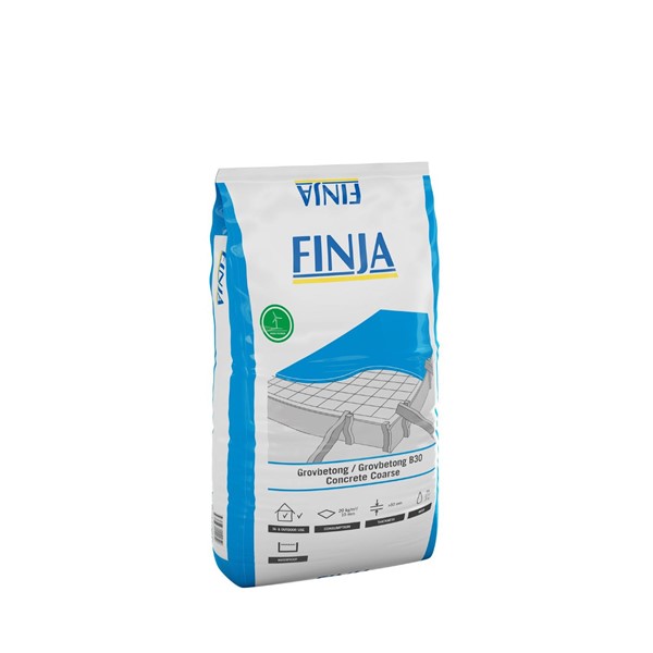 En 25 kg GROVBETONG K40 0-8MM Finja-påse med blå och vit förpackning.