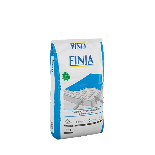 En 25 kg påse med FINBETONG K40 0-4MM i blå och vit förpackning.