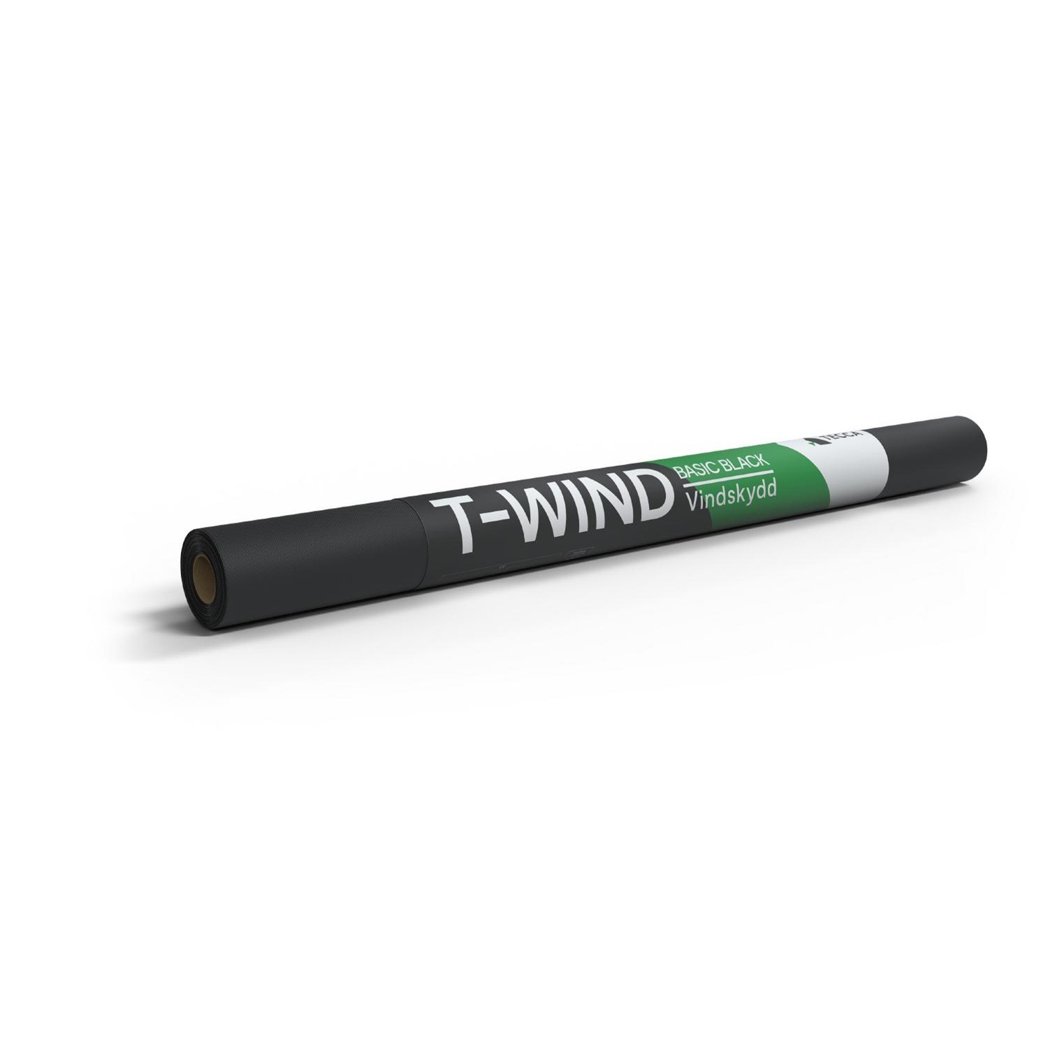 En svart rulle märkt VINDSKYDD T-WIND BASIC BLACK 1250mm 20m med en grön och vit etikett.