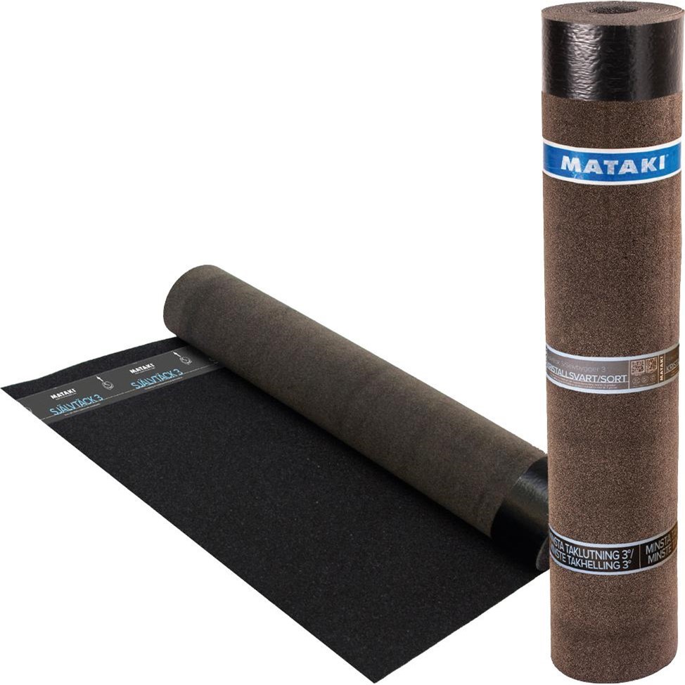 En rulle takpapp av märket YTPAPP SJÄLVTÄCK 3 SVART, delvis avrullad och liggande plant.