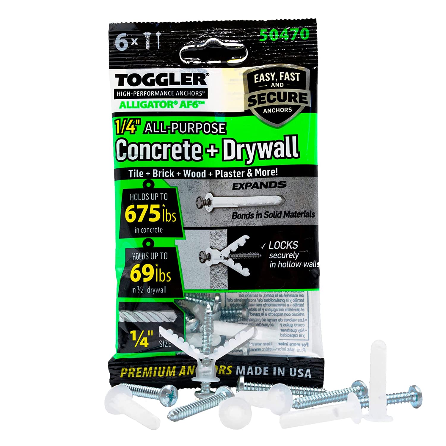 6 st Alligator AF6 väggankare och skruvar för betong och gips i förpackning.