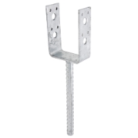 STOLPHÅLLARE CSU 73X40X4 CE: U-format stolpfäste av metall med lång vertikal armeringsstång.