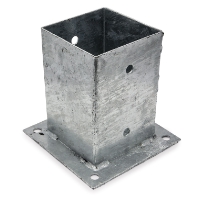 Stolpplatta PSP 97X97: stolpförankringsfäste av metall med fyra monteringshål för bas.