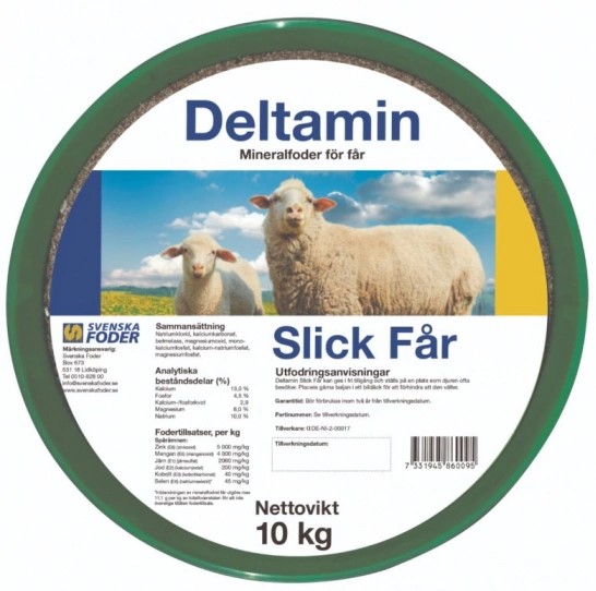 Rund behållare märkt "Deltamin får slick 10kg" med två får och en blå himmel i bakgrunden.