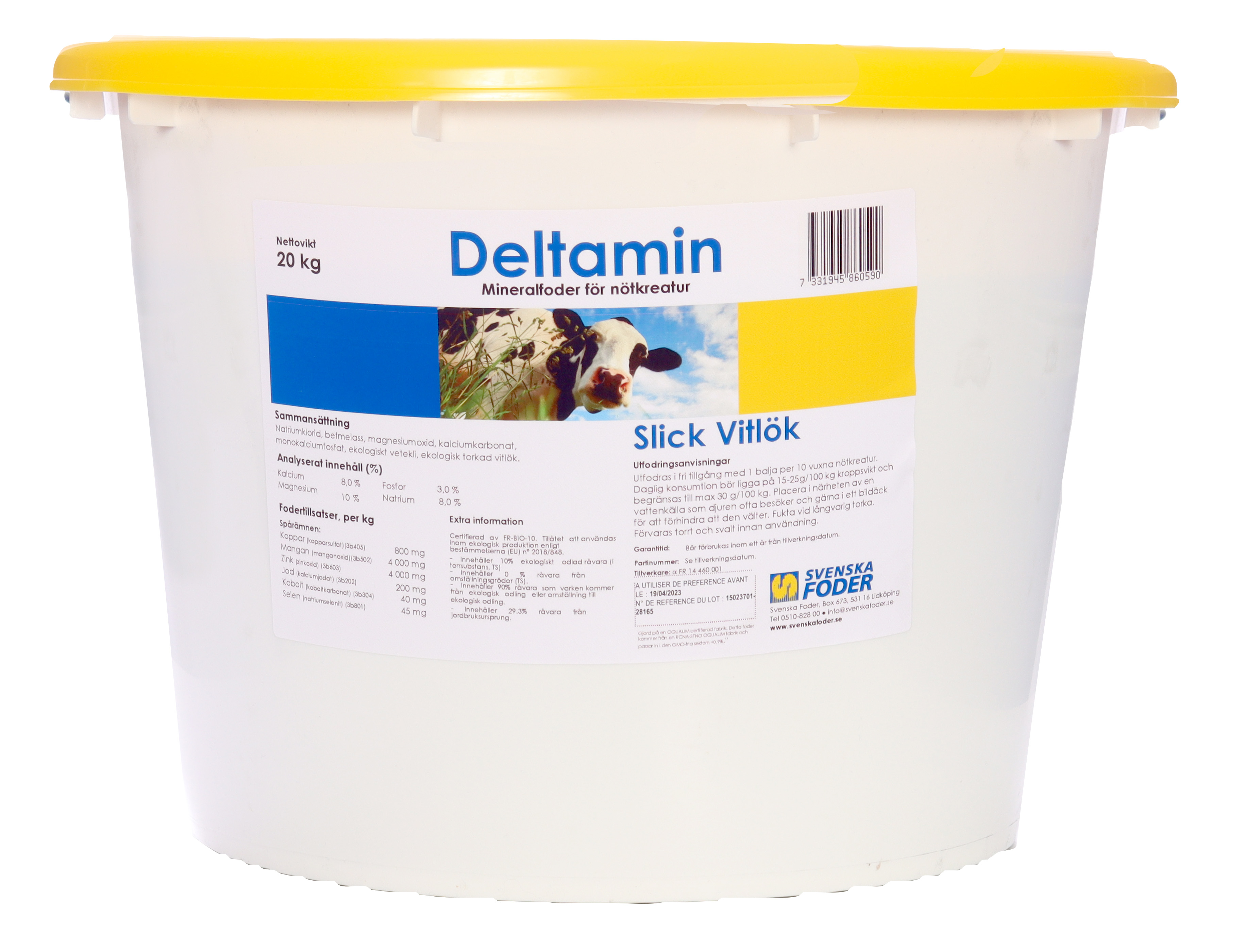 Vit hink, gult lock, Deltamin slick vitlök 20kg-nötkreatur mineralfoder.