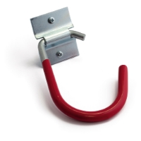 CYKELKROK 90MM 8509 är en väggkrok i metall med en röd gummibelagd böjd del.