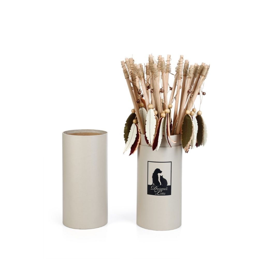 Fiskstång katt Kiowa i beige behållare med fjädrade, pärlbeströdda pilar; locket åt sidan.