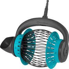 Handhållen Fruktuppsamlare 130cm skaft, svart och blå, med nätcylinder och handtag.