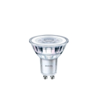 En Philips LED-spotlightlampa med GU10-sockel mot en vit bakgrund.