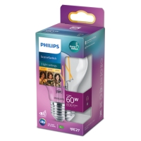 Philips 60W LED-glödlampa i förpackning med färgglatt varumärke och bilder på människor.