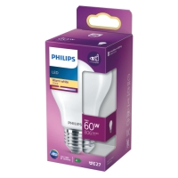 Philips LED-glödlampa i lila och vit förpackning, 60W, varmvit.
