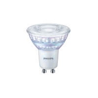 En Philips LED-spotlightlampa med GU10-sockel mot en vit bakgrund.
