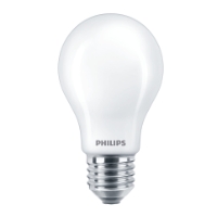 En LED-lampa av märket Philips med en standardskruvsockel på en vit bakgrund.