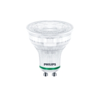 Genomskinlig Philips LED-lampa med GU10-sockel mot vit bakgrund.