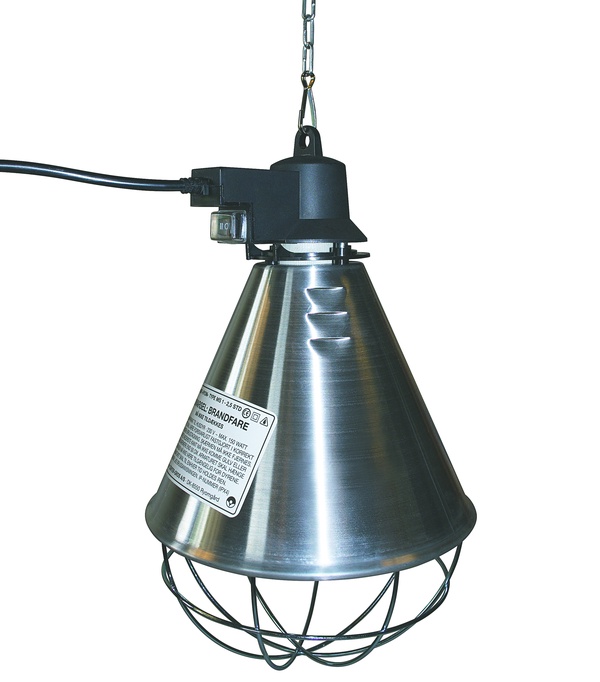 Silver armatur till värmelampa, svart sladd, skyddsgaller, energisparfunktion.