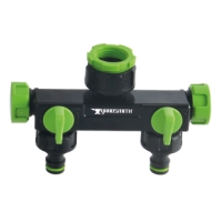 Svart och grön slangfördelare med två ventiler och tre anslutningar.