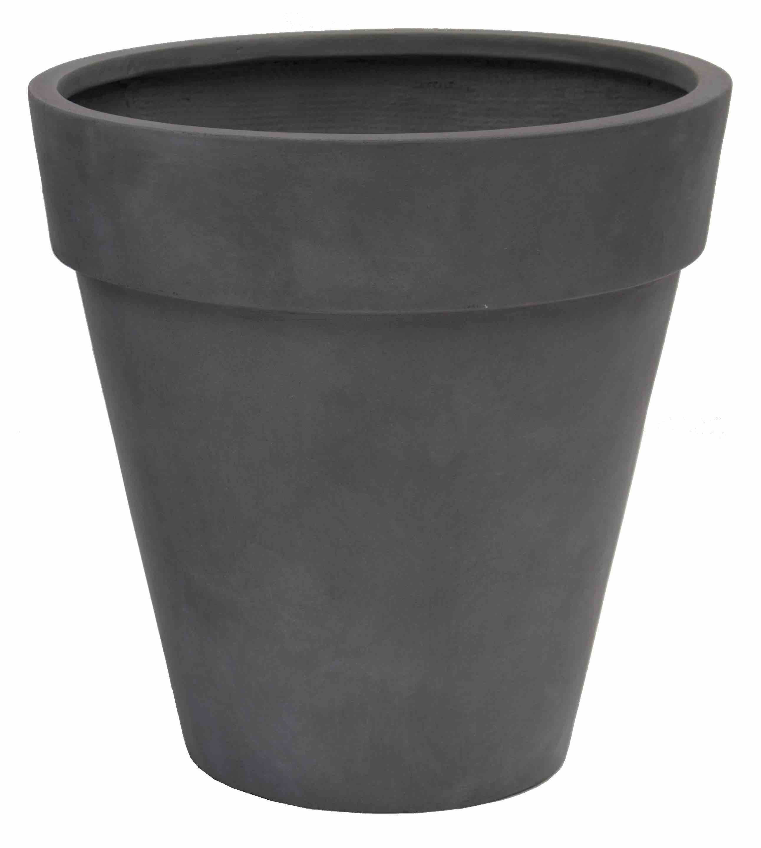 En enkel, mörkgrå Kruka-blomkruka med bred kant mot vit bakgrund.