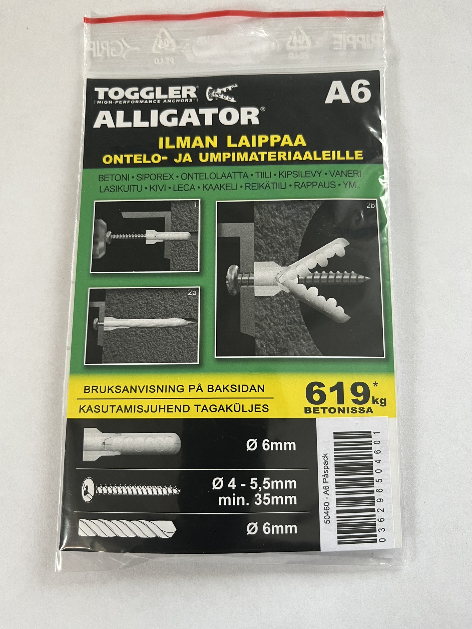 Toggler Alligator 6 väggankare med instruktioner och bilder på förpackningens framsida.